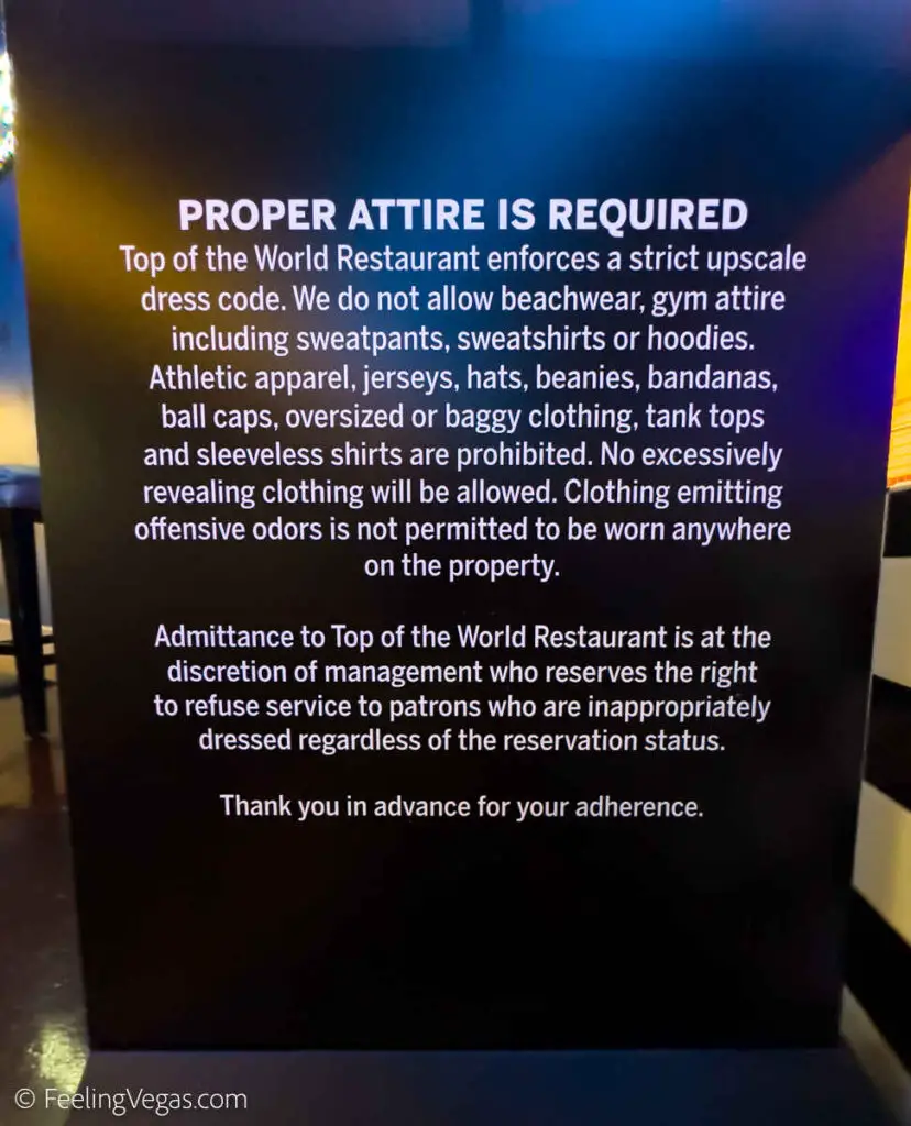 Código de vestimenta para el restaurante Top of the World en Las Vegas (Stratosphere)