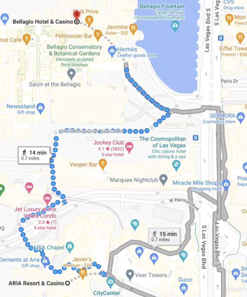 Camine hasta Bellagio desde MGM Grand, Vdara, Aria y Mandalay Bay (¿cuánto tiempo?)